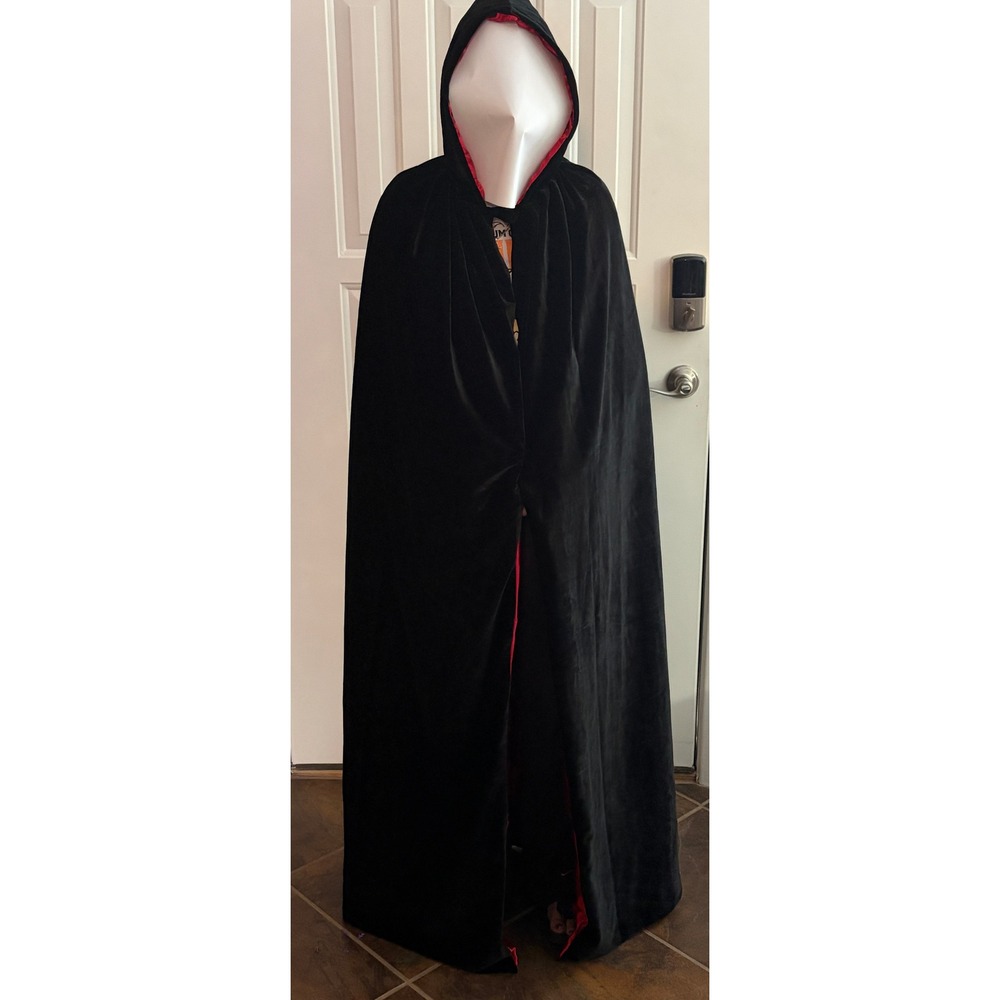 Reversible Hooded Cloak Black Velvet Red Satin Halloween Costume Cape